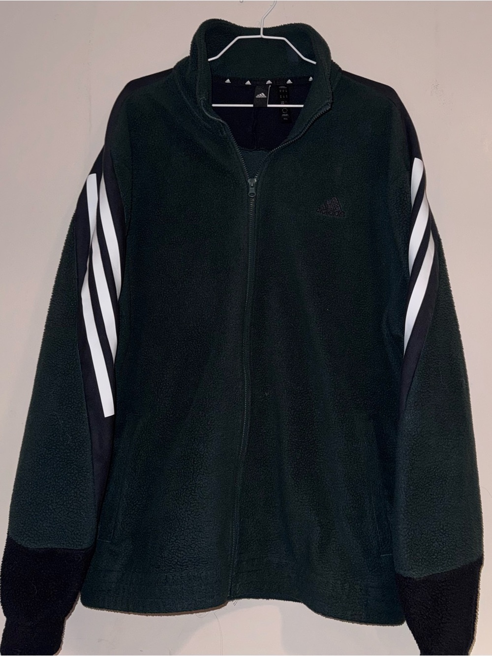adidas Men’s Black Fleece Jacket with White Sleeve Stripes